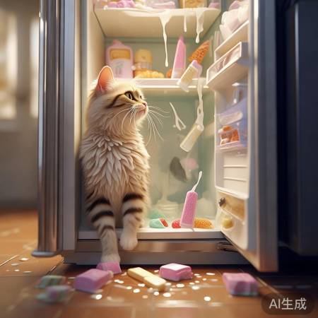 “猫顶开冰箱，冰淇淋化，场面尴